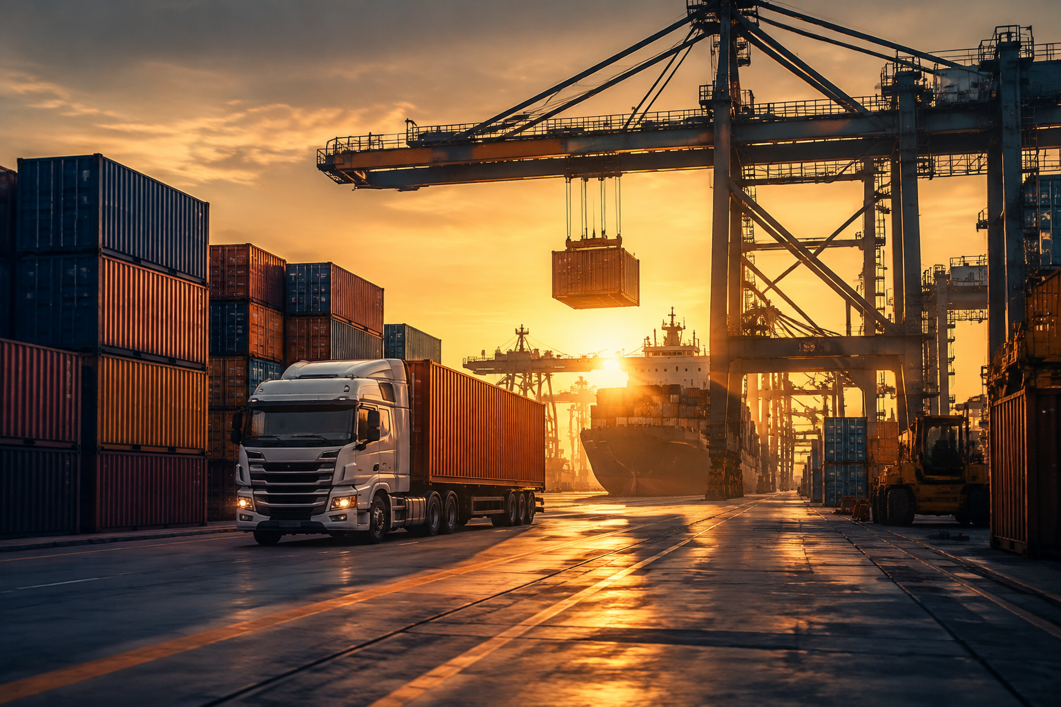 Container terminal with cranes and freight transport at sunset